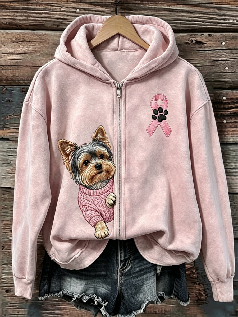 Peeking Yorkshire chien rose ruban sensibilisation au cancer du sein Full Zip Hoodie des femmes