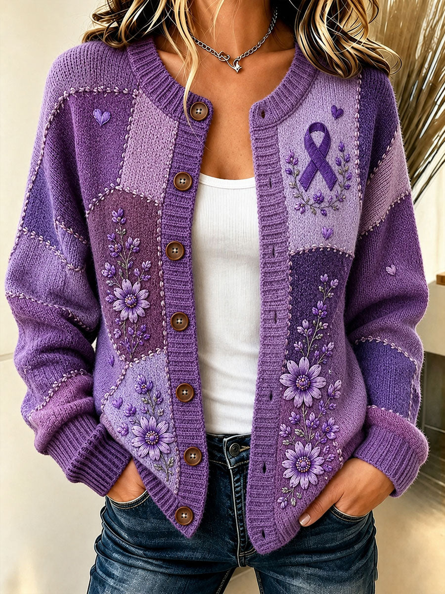 Cardigan pour femme à imprimé floral violet et de sensibilisation à la maladie d’Alzheimer