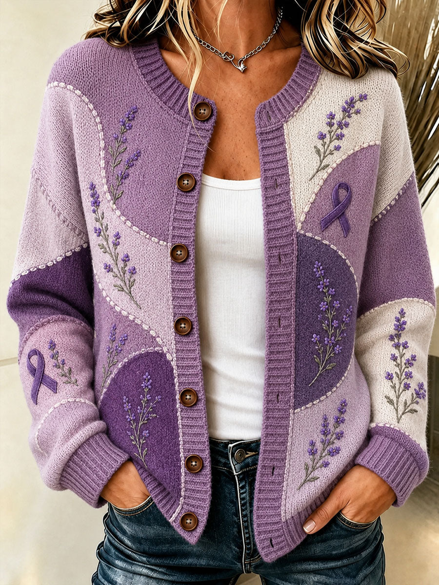 Cardigan pour femme à imprimé floral violet et de sensibilisation à la maladie d’Alzheimer