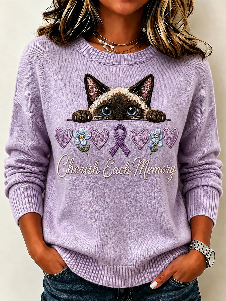 Vintage Violet Ruban Peeking Cat Imprimer ras du cou des femmes Pull