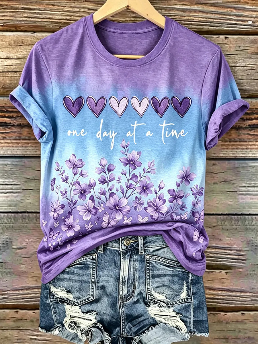T-shirt femme à imprimé floral violet et de sensibilisation à la maladie d’Alzheimer