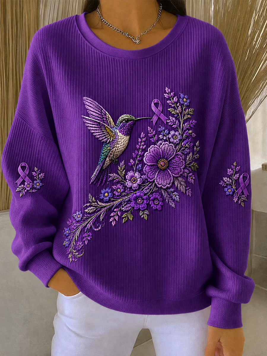 Sweat-shirt de soutien à la sensibilisation à la maladie d’Alzheimer pour femme, imprimé floral violet et colibris