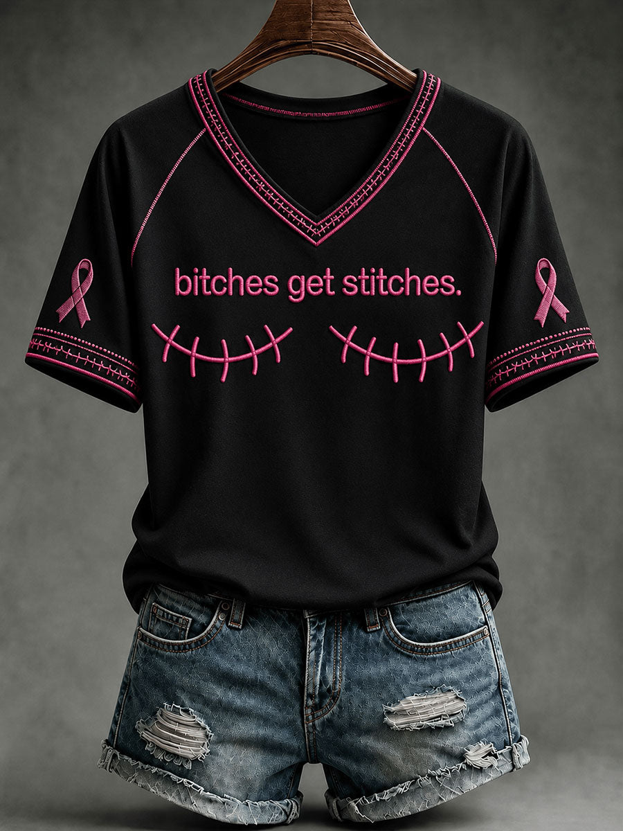 T-shirt à col en V Bitches Get Stitches Femme
