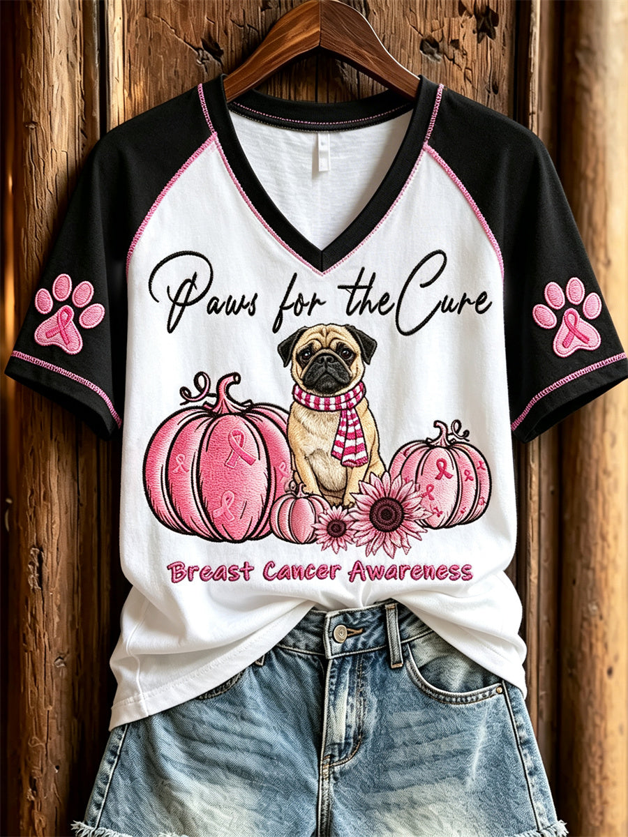 T-shirt Femme Paws for the Cure Sensibilisation au cancer du sein Pug Dog & Pink Pumpkins Print manches courtes