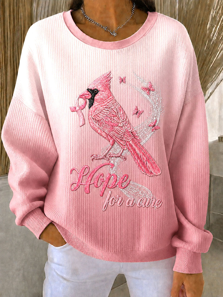 Women's Breast Cancer Awareness Floral et oiseau Design côtelé col rond Sweatshirt