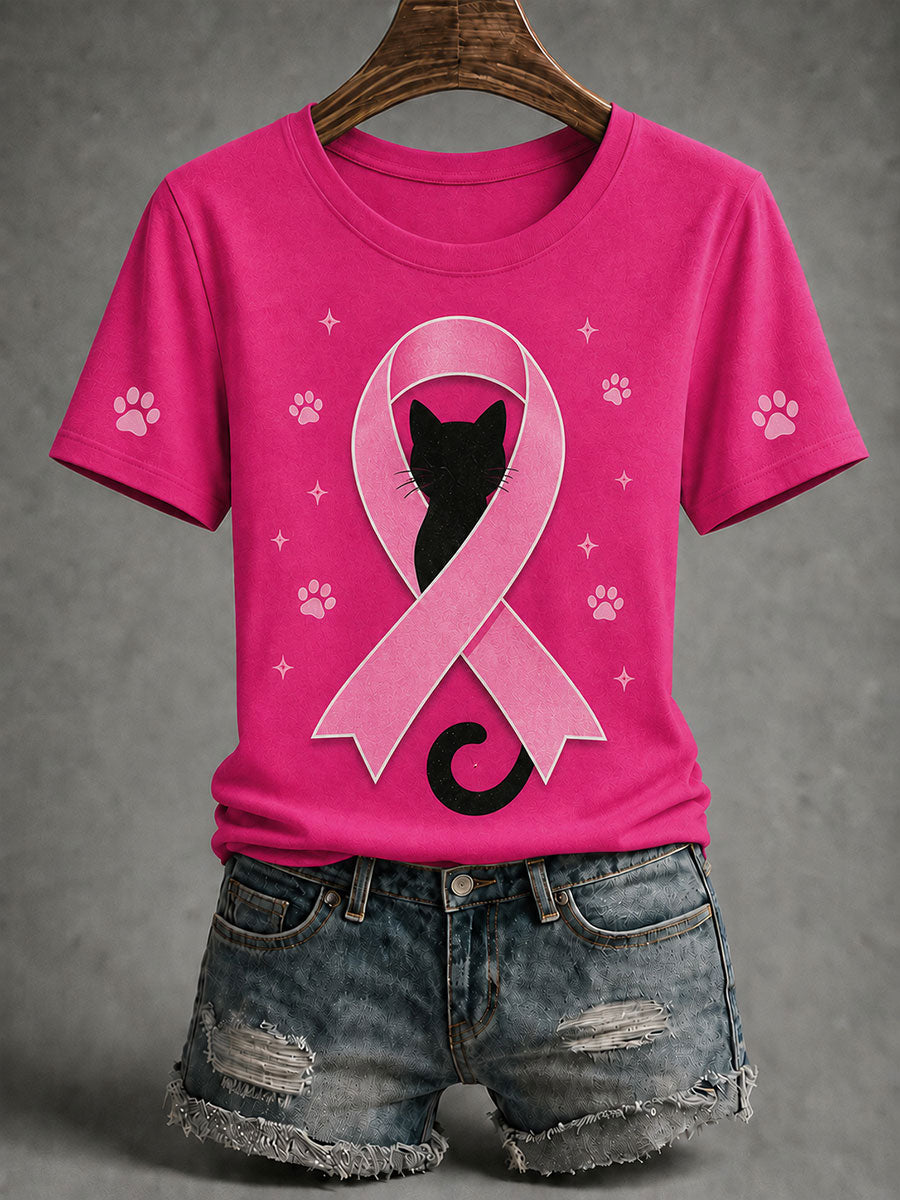 T-shirt à manches courtes pour femmes, sensibilisation au cancer du sein, chat noir et ruban rose