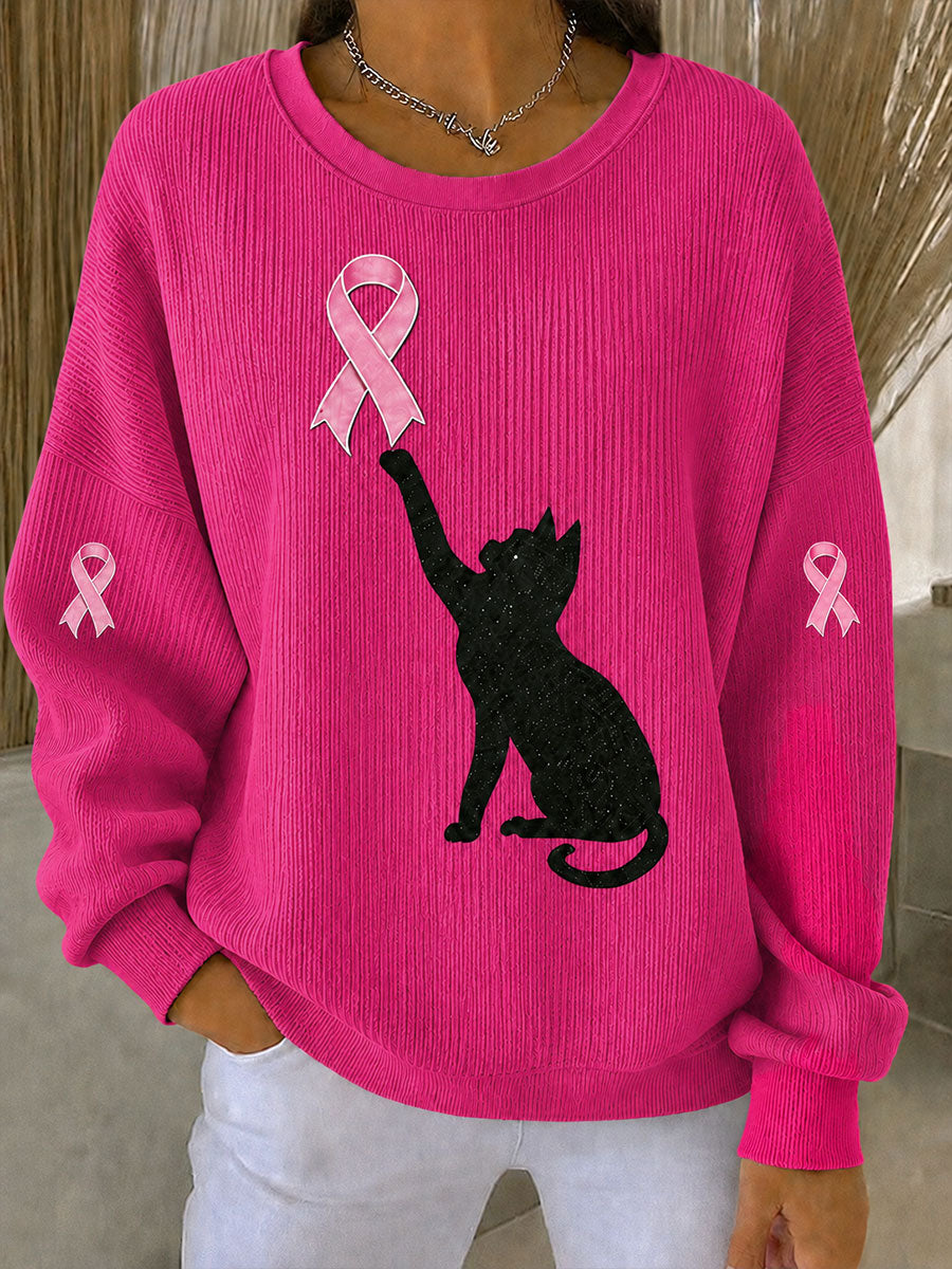 Sweat à col rond côtelé pour femmes, avec motif de chat noir et ruban rose de sensibilisation au cancer du sein