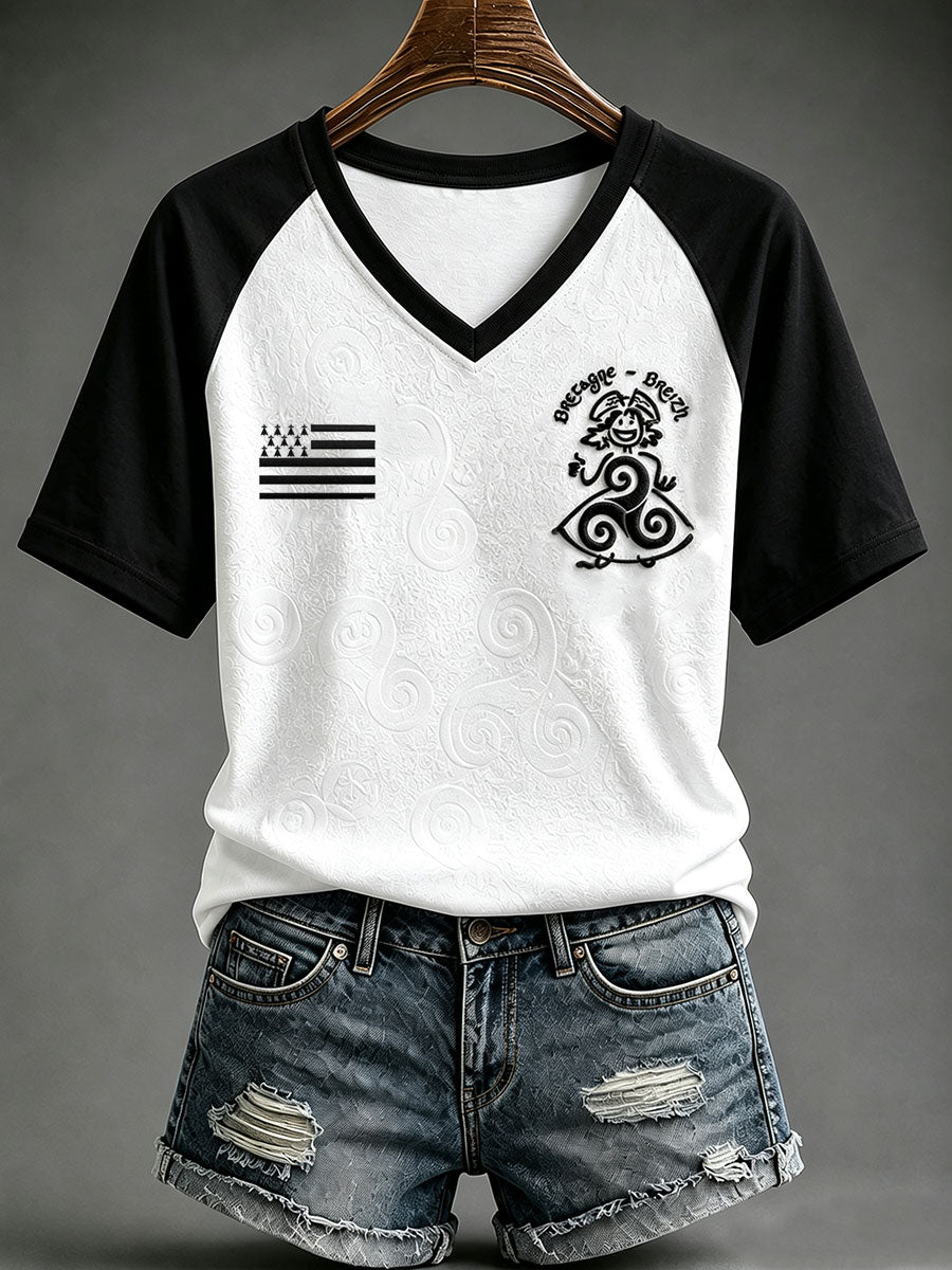 T-shirt à col en V imprimé Bretagne Fest‑Noz Bigoudène pour femme