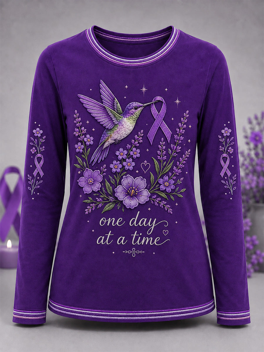 T-shirt à manches longues pour femme, imprimé floral violet en soutien à la sensibilisation à la maladie d’Alzheimer