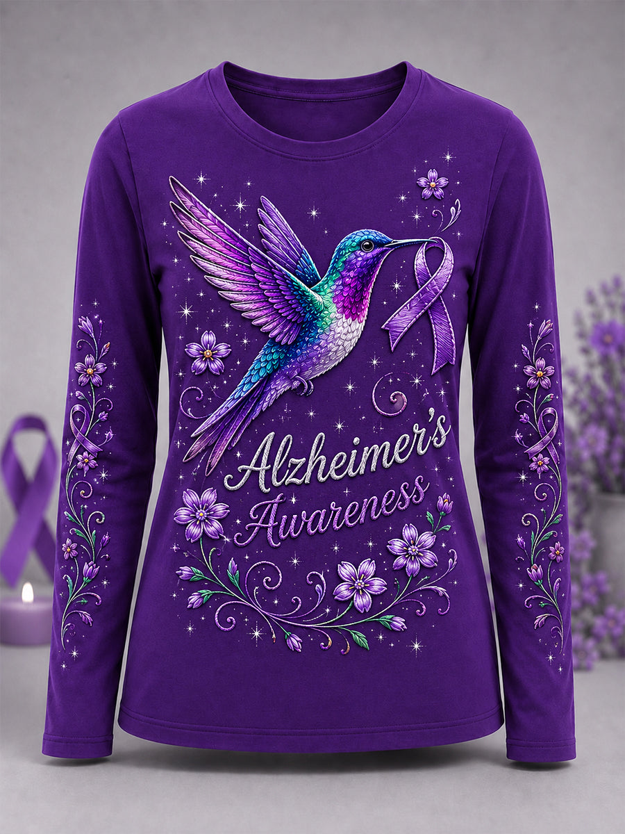 T-shirt à manches longues pour femmes, imprimé floral violet et colibris, en soutien à la sensibilisation à la maladie d’Alzheimer