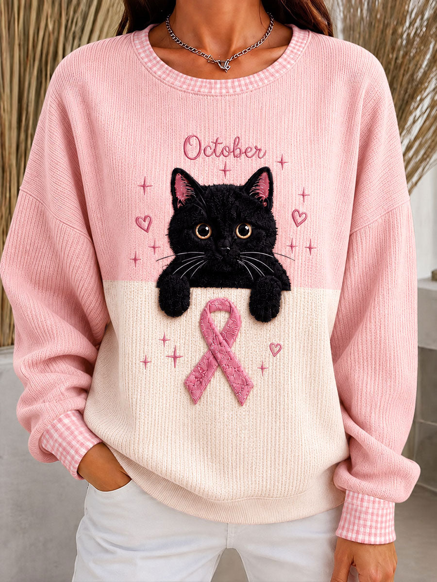 Sweatshirt Femme Côtelé Cancer Du Sein Et Chats Col Rond