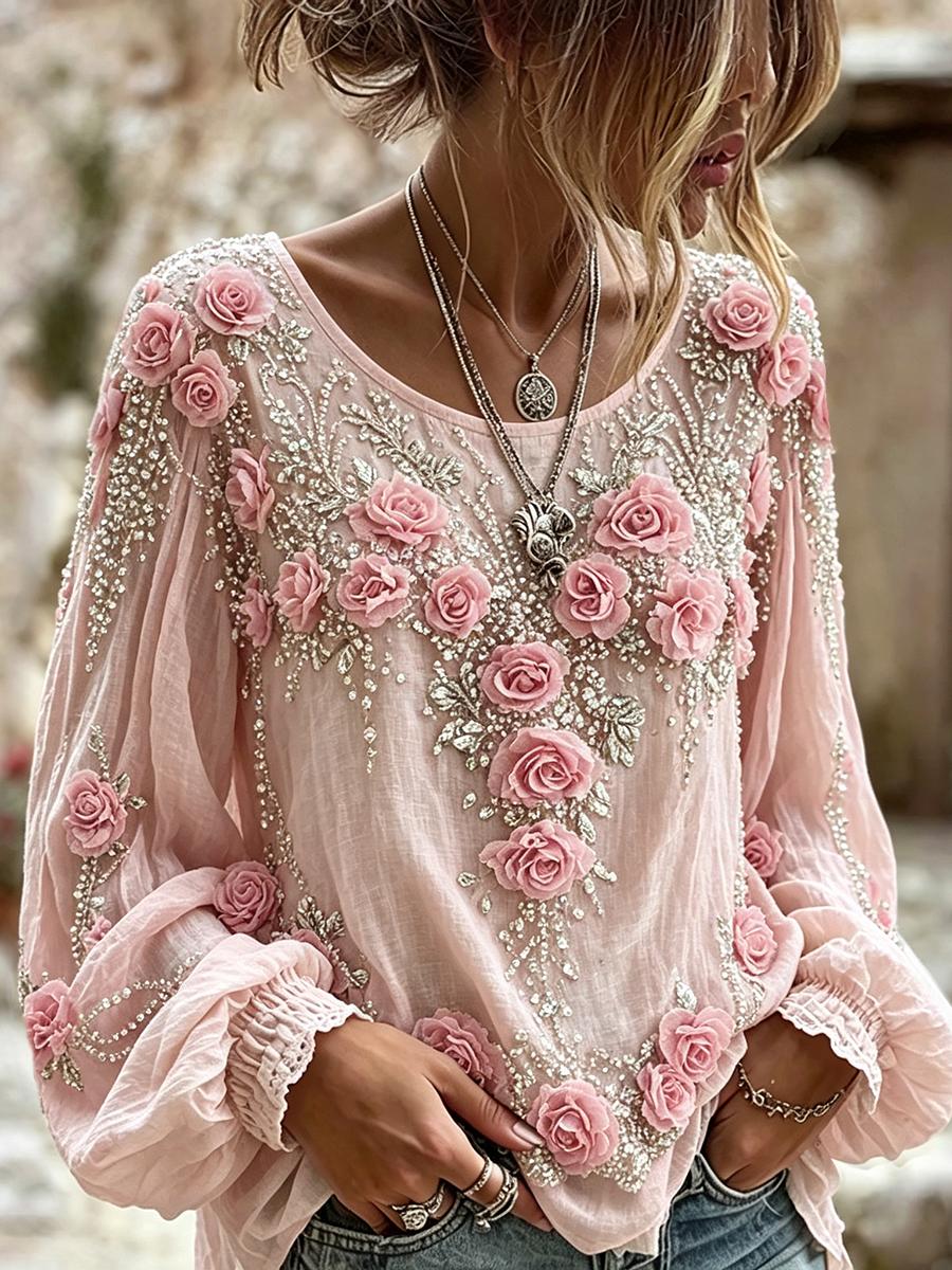 Chemise en coton-lin chic boho pour femme à imprimé floral rose