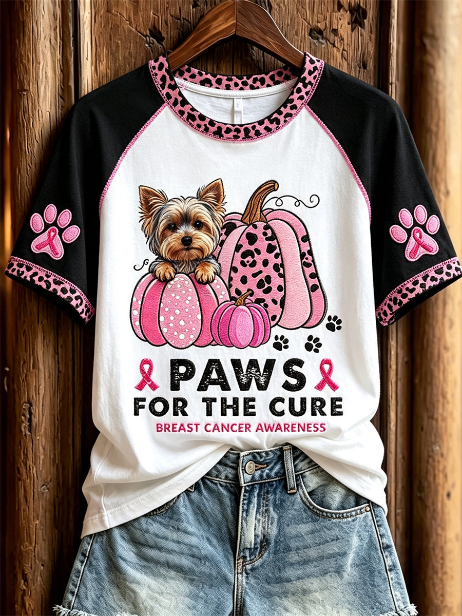 T-shirt à manches courtes pour femme, motif Paw’s for the Cure, sensibilisation au cancer du sein, Yorkshire, citrouilles roses