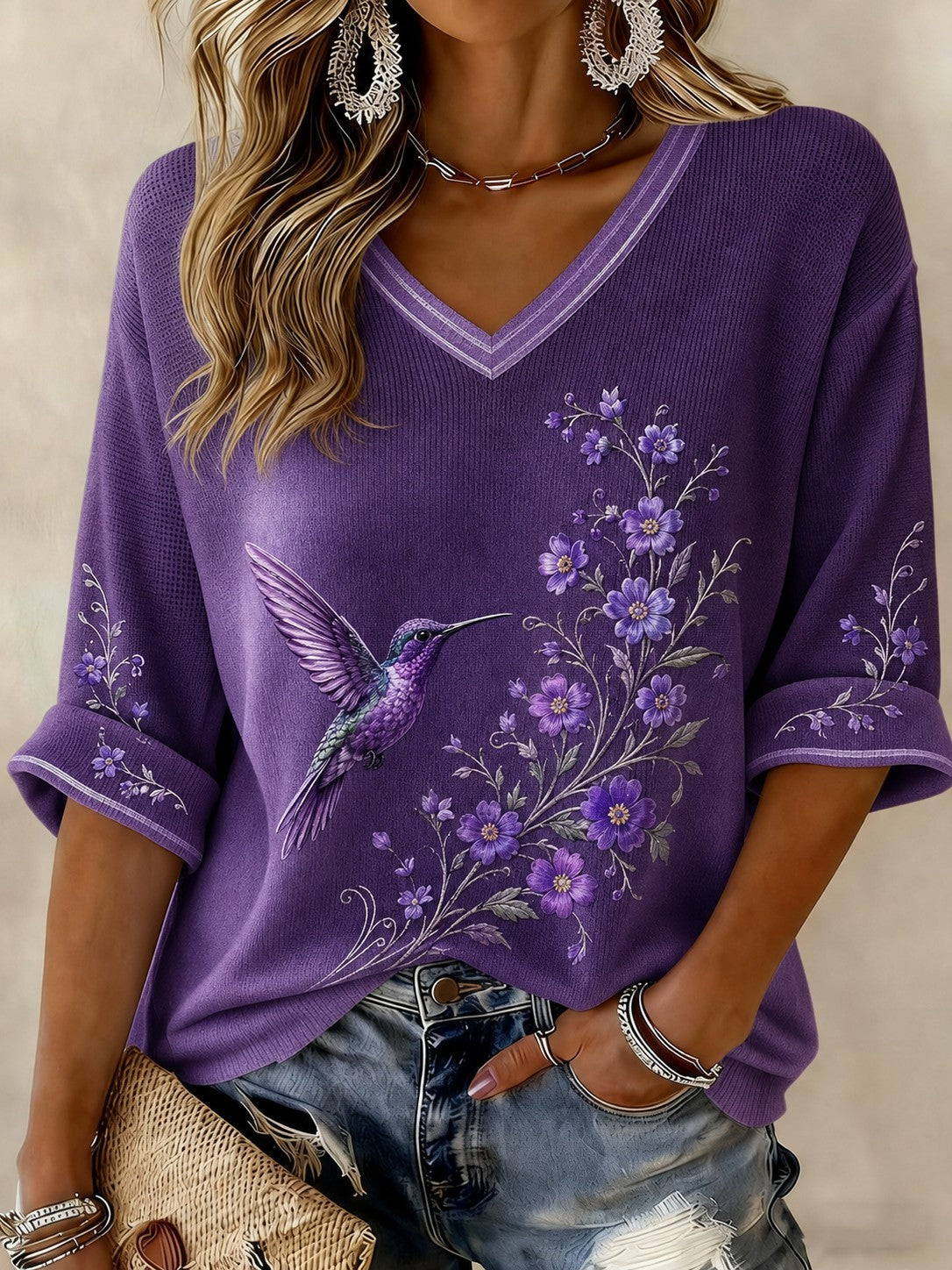 T-shirt femme à manches mi-longues et col en V, motif floral, contre la maladie d’Alzheimer