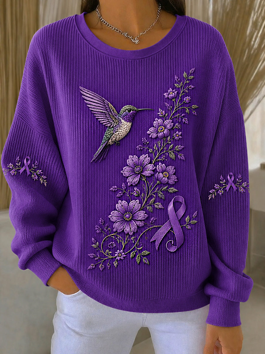 Sweat-shirt de soutien à la sensibilisation à la maladie d’Alzheimer pour femme, imprimé floral violet et colibris