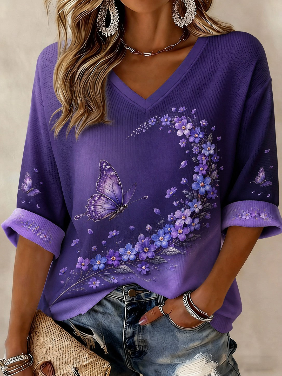T-shirt femme à manches mi-longues et col en V, motif floral, contre la maladie d’Alzheimer
