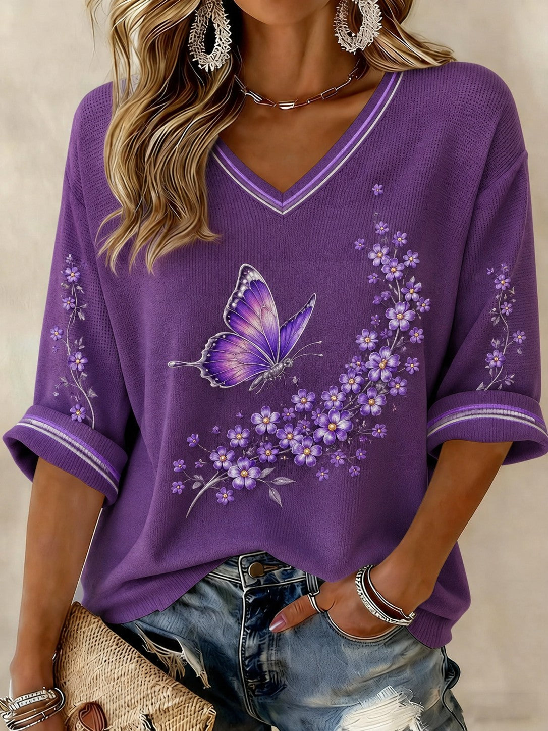 T-shirt femme à manches mi-longues et col en V, motif floral, contre la maladie d’Alzheimer