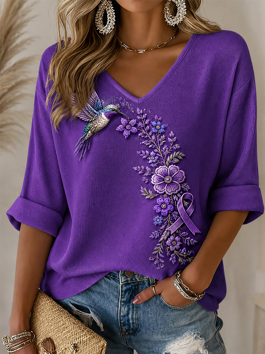 T-shirt demi-manches à col en V pour femmes, imprimé floral violet et colibris, en soutien à la sensibilisation à la maladie d’Alzheimer
