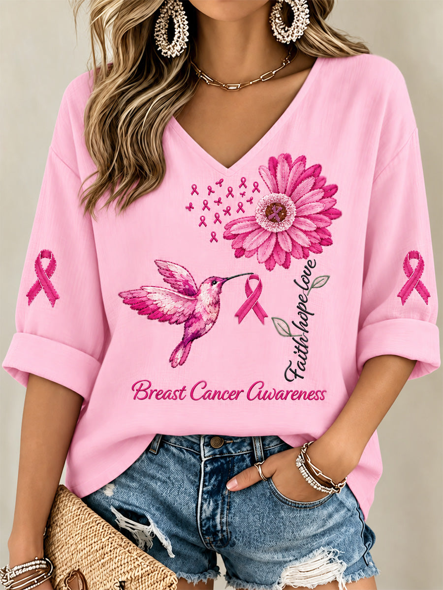 T-shirt à col en V imprimé de soutien à la sensibilisation au cancer du sein chez les femmes
