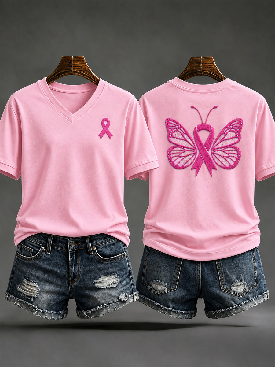 T-shirt à col en V imprimé Soutien de sensibilisation au cancer du sein pour femmes