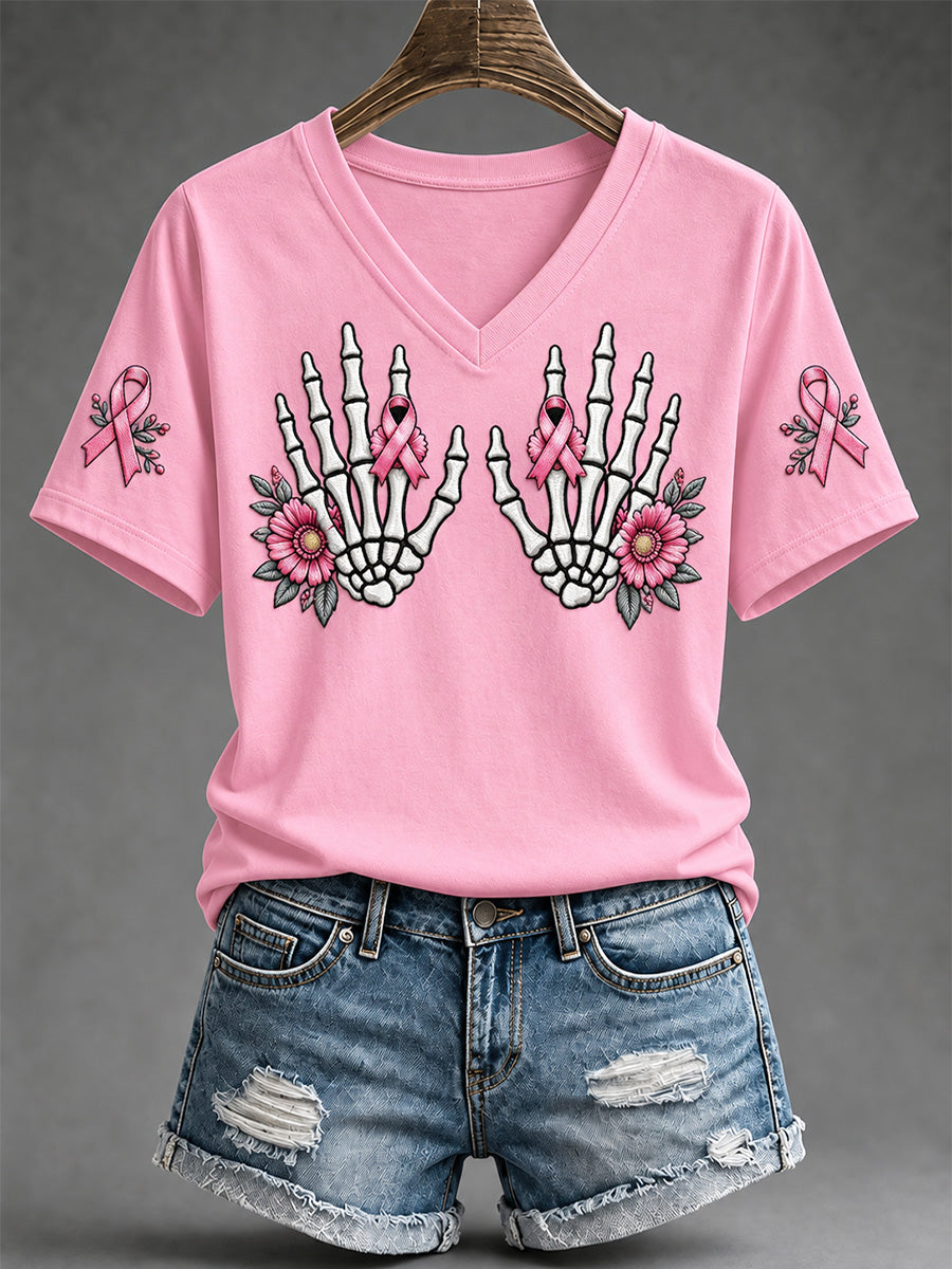 T-shirt à col en V imprimé de soutien à la sensibilisation au cancer du sein chez les femmes