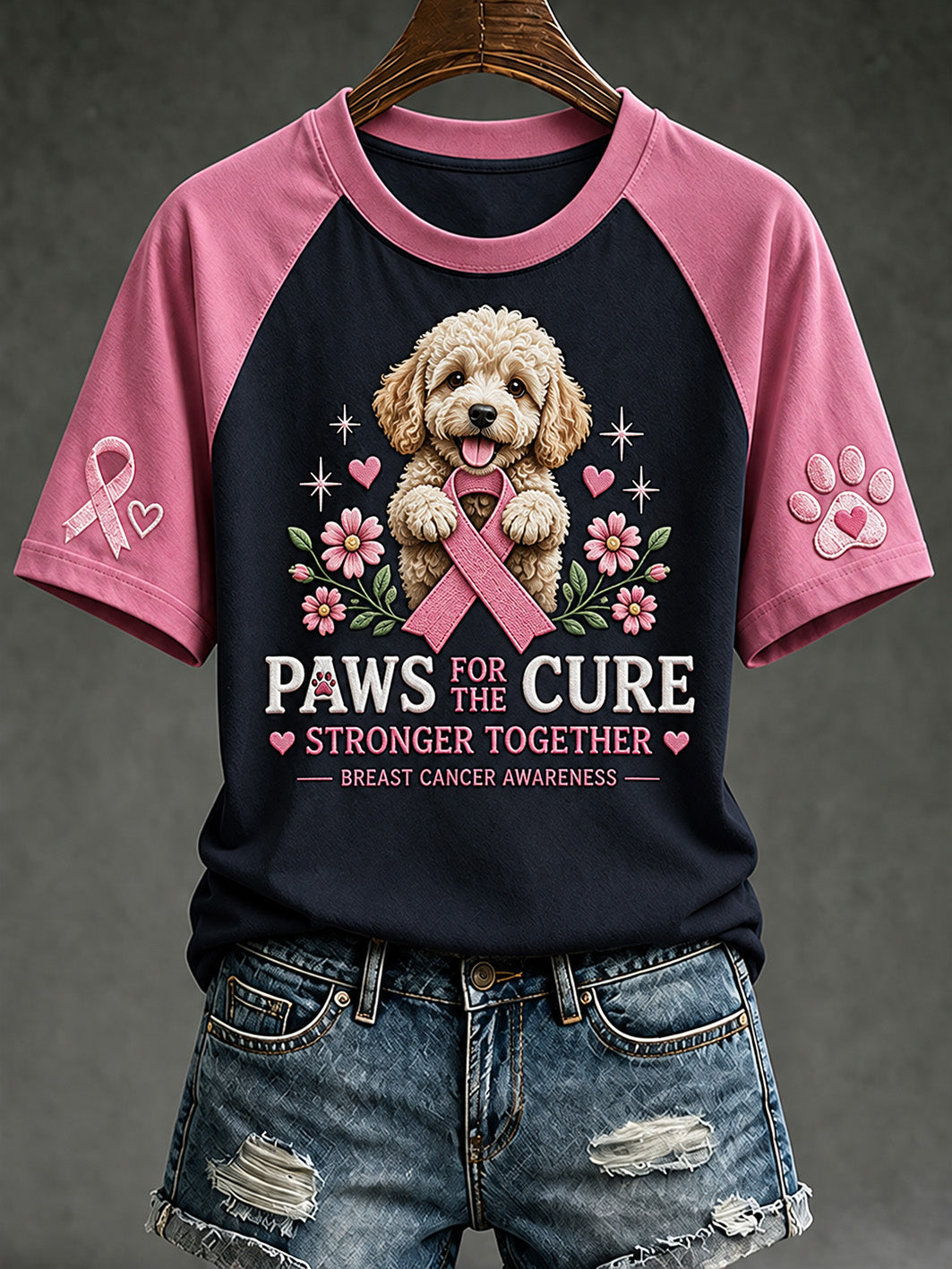 T-shirt décontracté à manches courtes imprimé d’un motif de chiot, soins contre le cancer du sein chez la femme