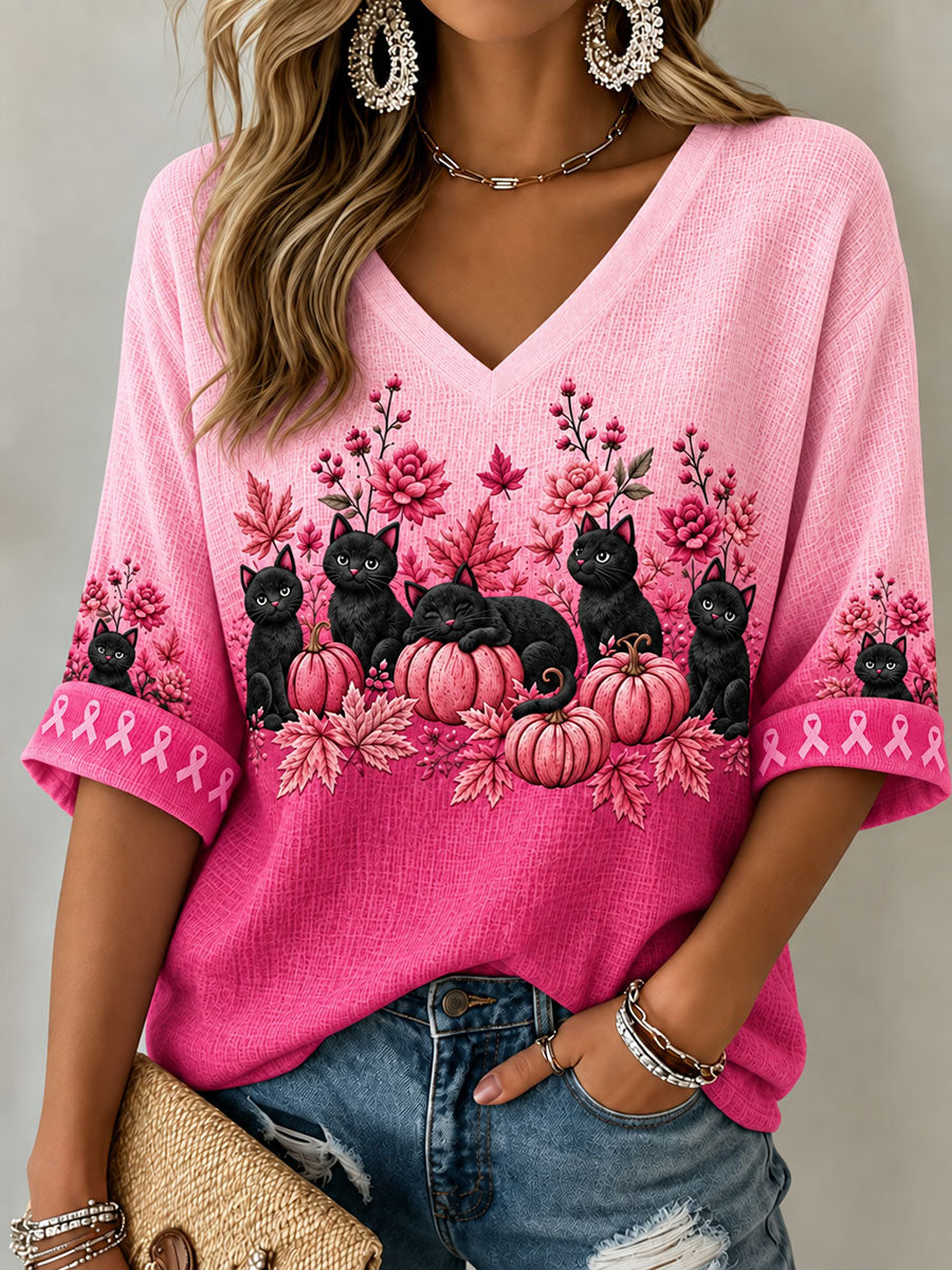 T-shirt en gaufre noir à motif de chat pour le cancer du sein chez la femme