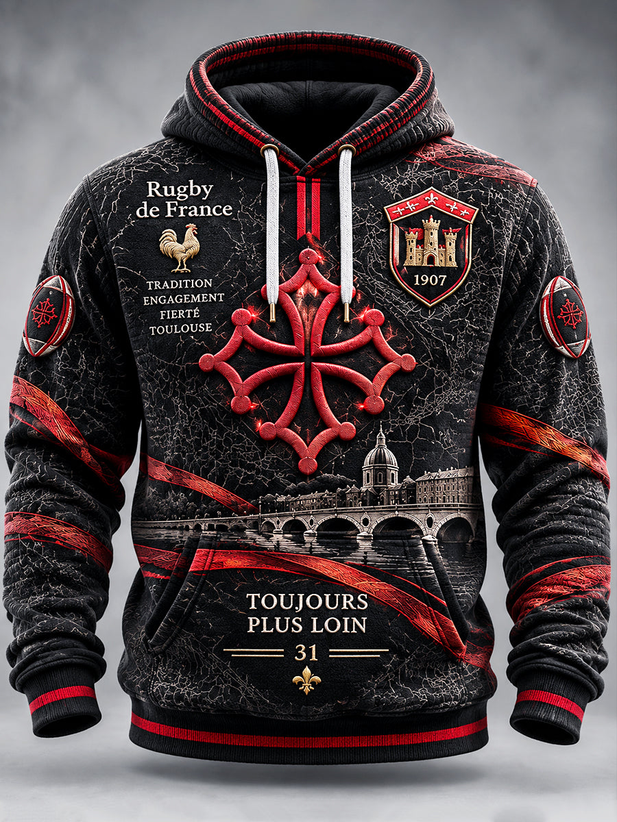Sweat-shirt à capuche décontracté imprimé français Toulouse Rugby noir pour homme