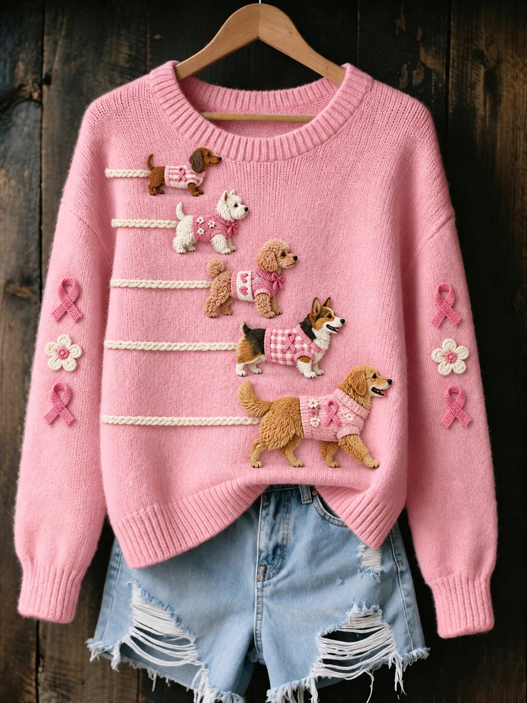 Pull imprimé pour femmes avec motifs de chiens et cancer du sein