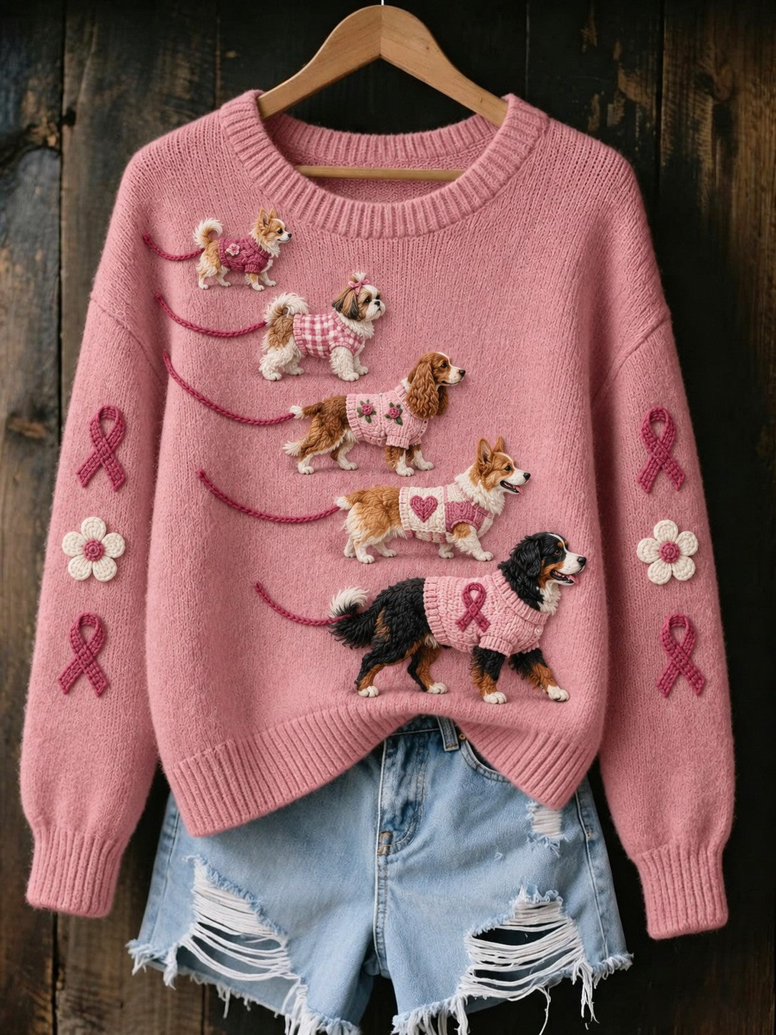 Pull imprimé pour femmes avec motifs de chiens et cancer du sein