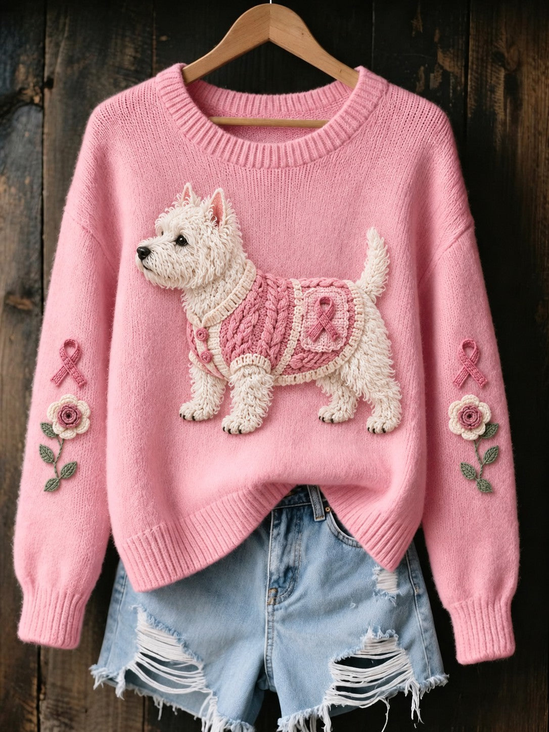 Pull imprimé pour femmes avec motif de chien et cancer du sein