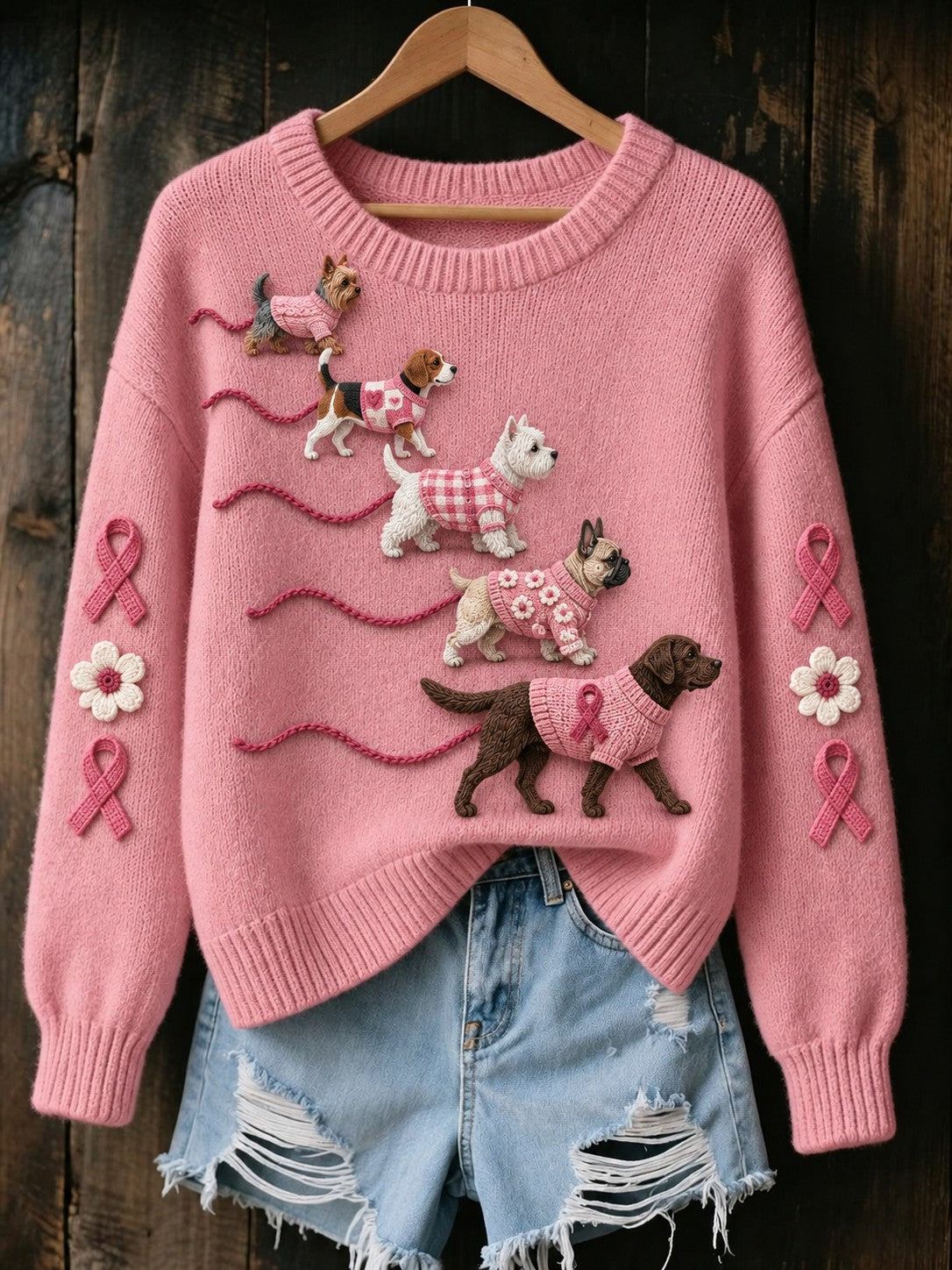Pull imprimé pour femmes avec motifs de chiens et cancer du sein
