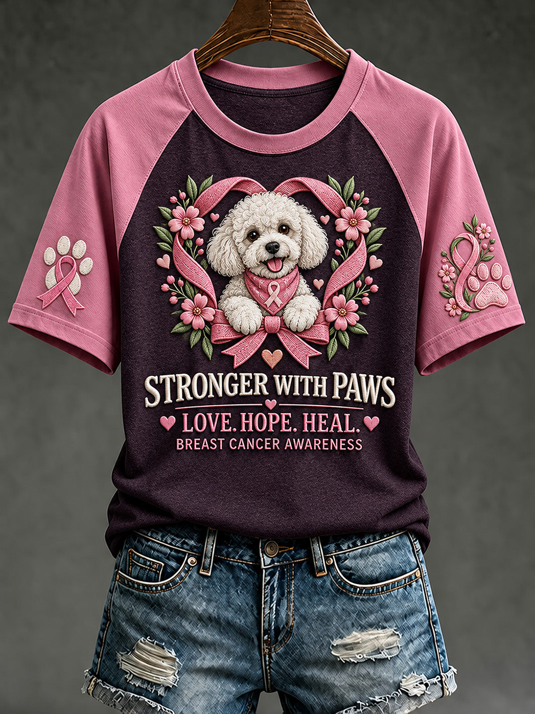 T-shirt décontracté à manches courtes imprimé d’un motif de chiot, soins contre le cancer du sein chez la femme