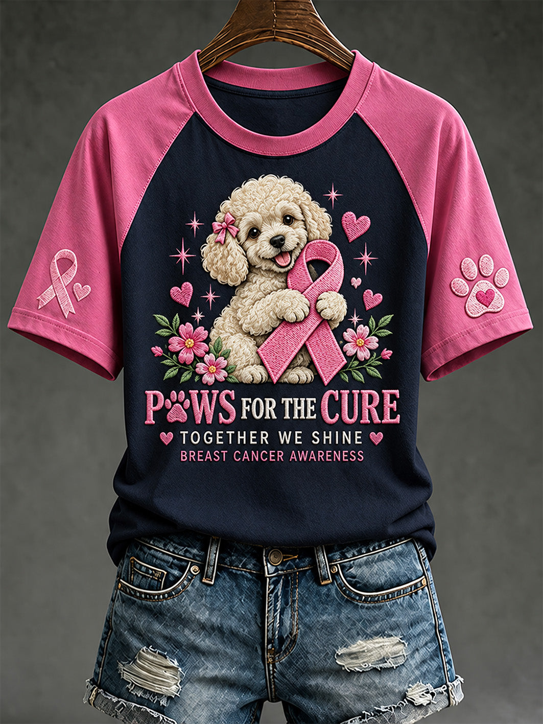 T-shirt décontracté à manches courtes imprimé d’un motif de chiot, soins contre le cancer du sein chez la femme