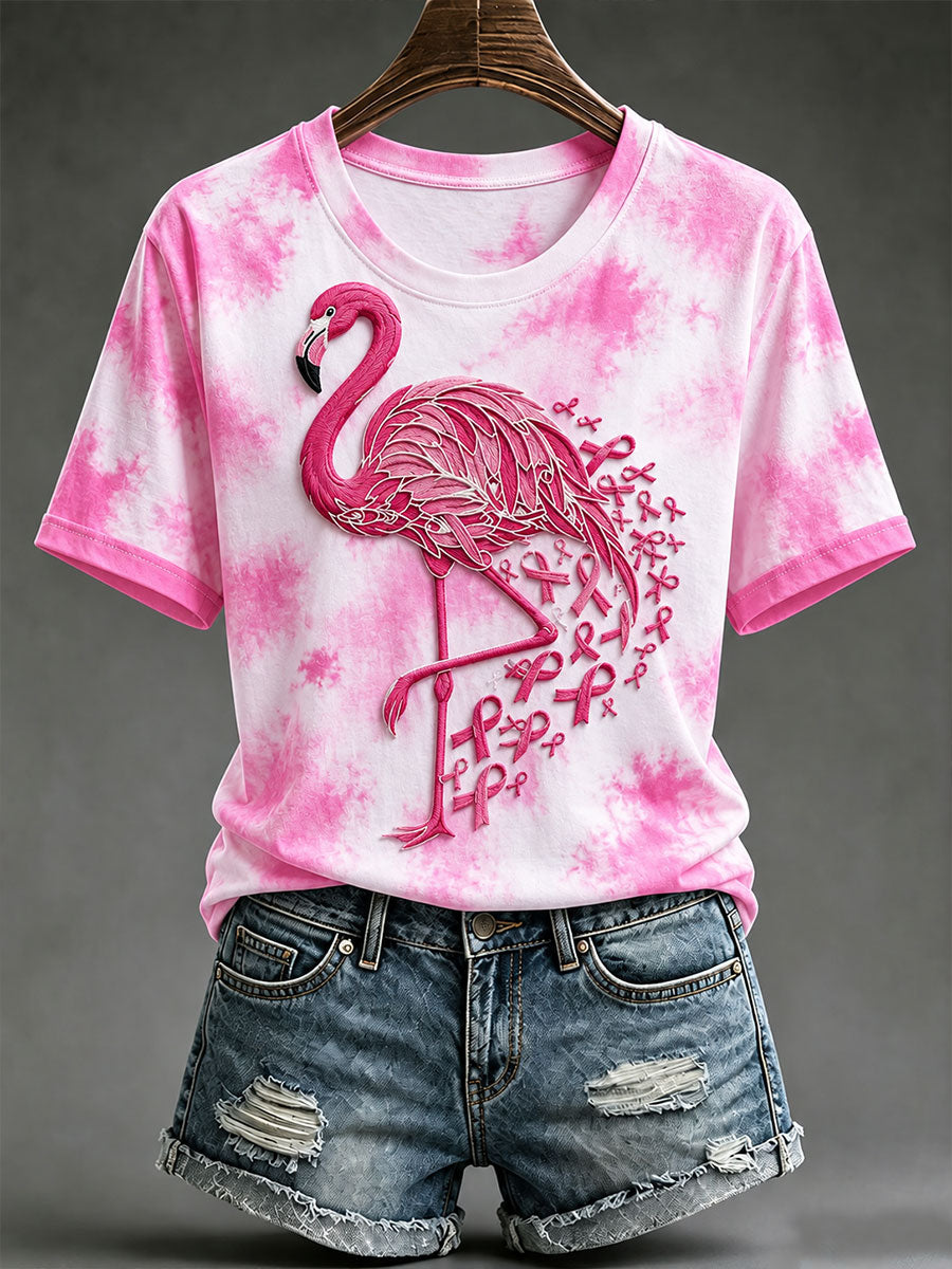 T-shirt à manches courtes pour femmes Breast Cancer Awareness Flamingo