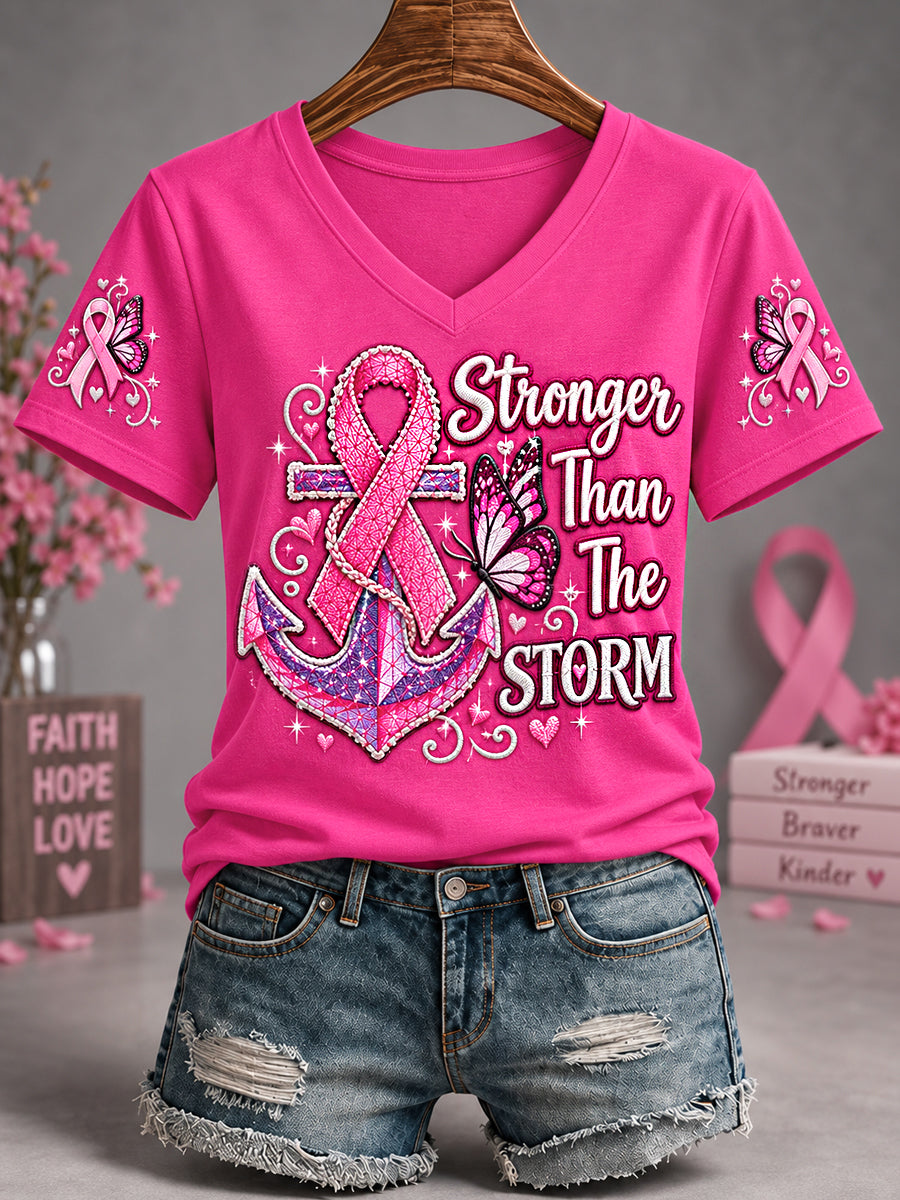 Ruban rose pour femmes plus fort que le Strom Butterfly Print Breast Cancer Awareness Soutien V-Neck Tee