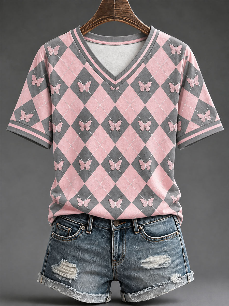 T-shirt décontracté à motif chevrons de style preppy, couleur rose pour femme
