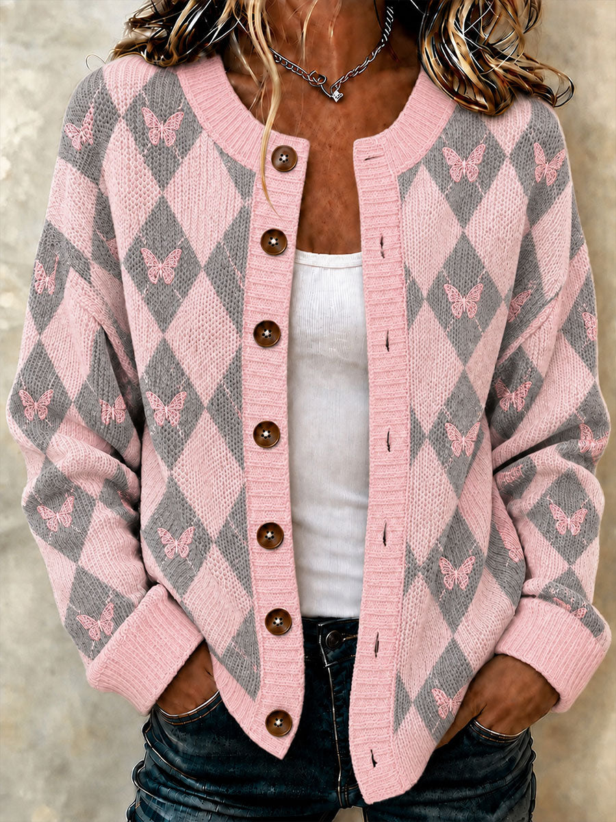 Gilet-veste en maille décontracté à motif chevrons, style preppy, couleur rose pour femme