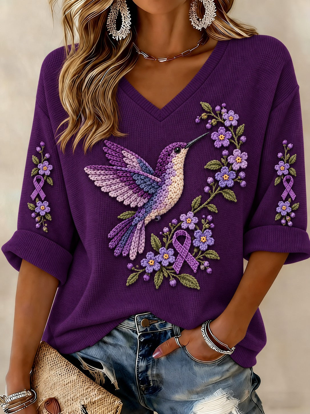 T-shirt femme à manches mi-longues et col en V, motif floral, contre la maladie d’Alzheimer