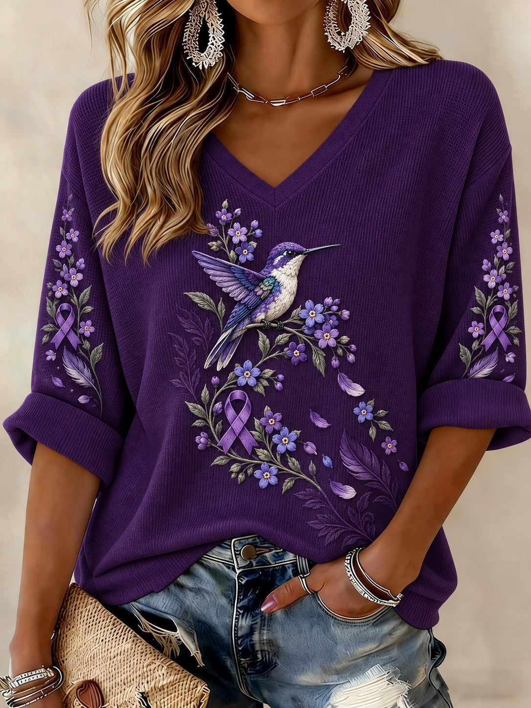 T-shirt femme à manches mi-longues et col en V, motif floral, contre la maladie d’Alzheimer