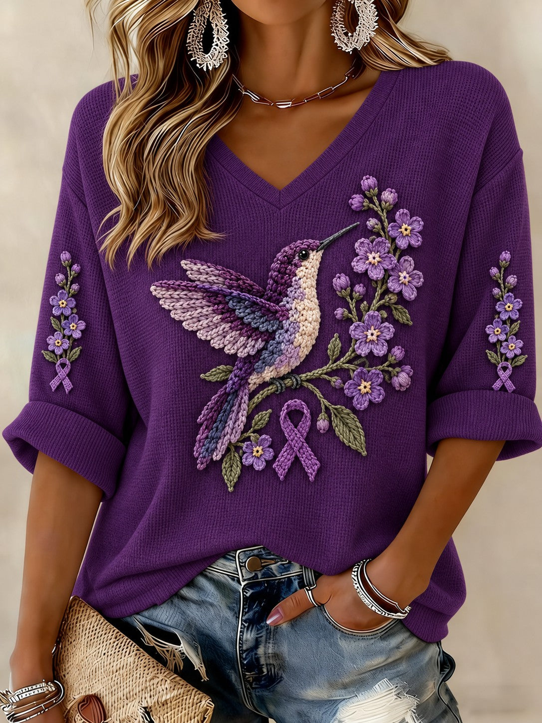T-shirt femme à manches mi-longues et col en V, motif floral, contre la maladie d’Alzheimer