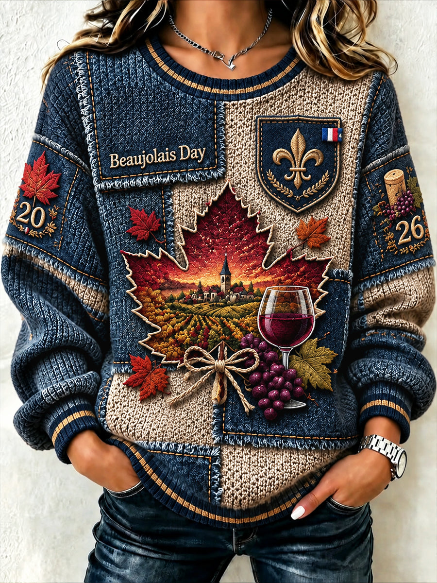 Femmes Français Beaujolais Nouveau Denim Patchwork Imprimer Casual Sweatshirt