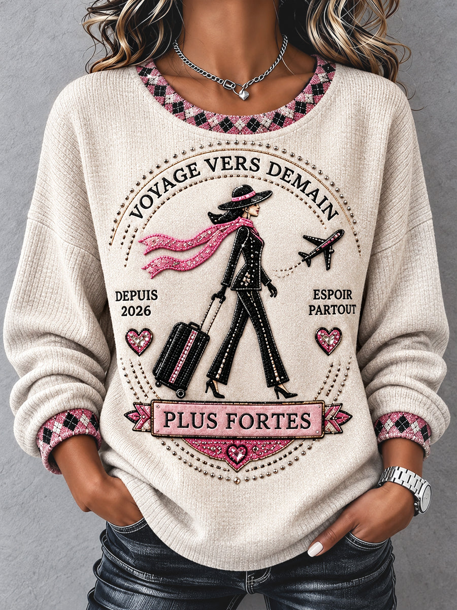 Sweat Femme Décontracté Blanc Cassé à La Française Imprimé Cancer Du Sein