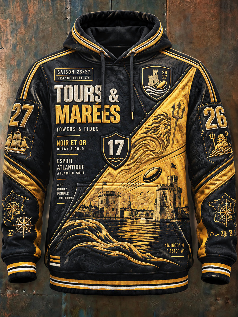Sweat-shirt décontracté à capuche imprimé La Rochelle pour homme, style rugby français