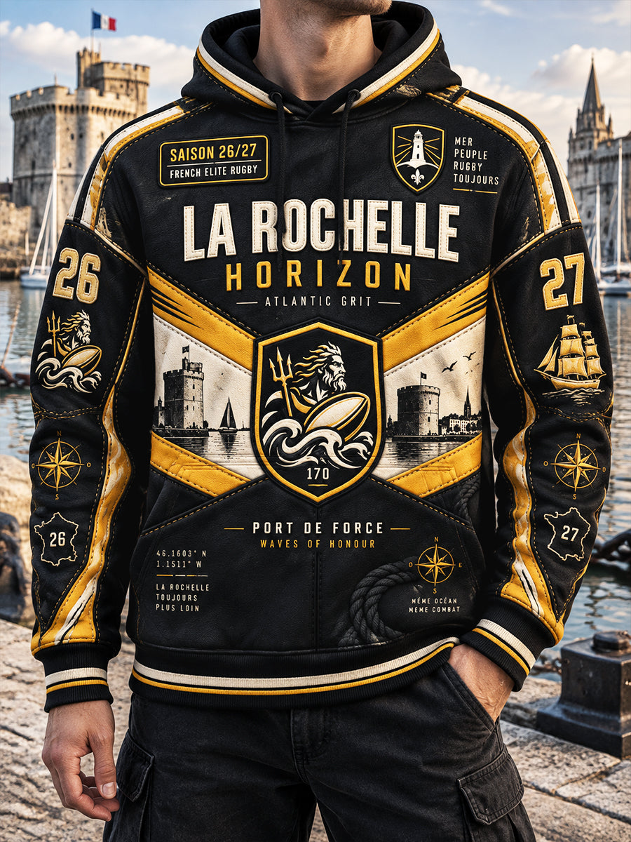 Sweat-shirt à capuche décontracté pour homme, noir, motif patchwork de l’équipe française de rugby La Rochelle