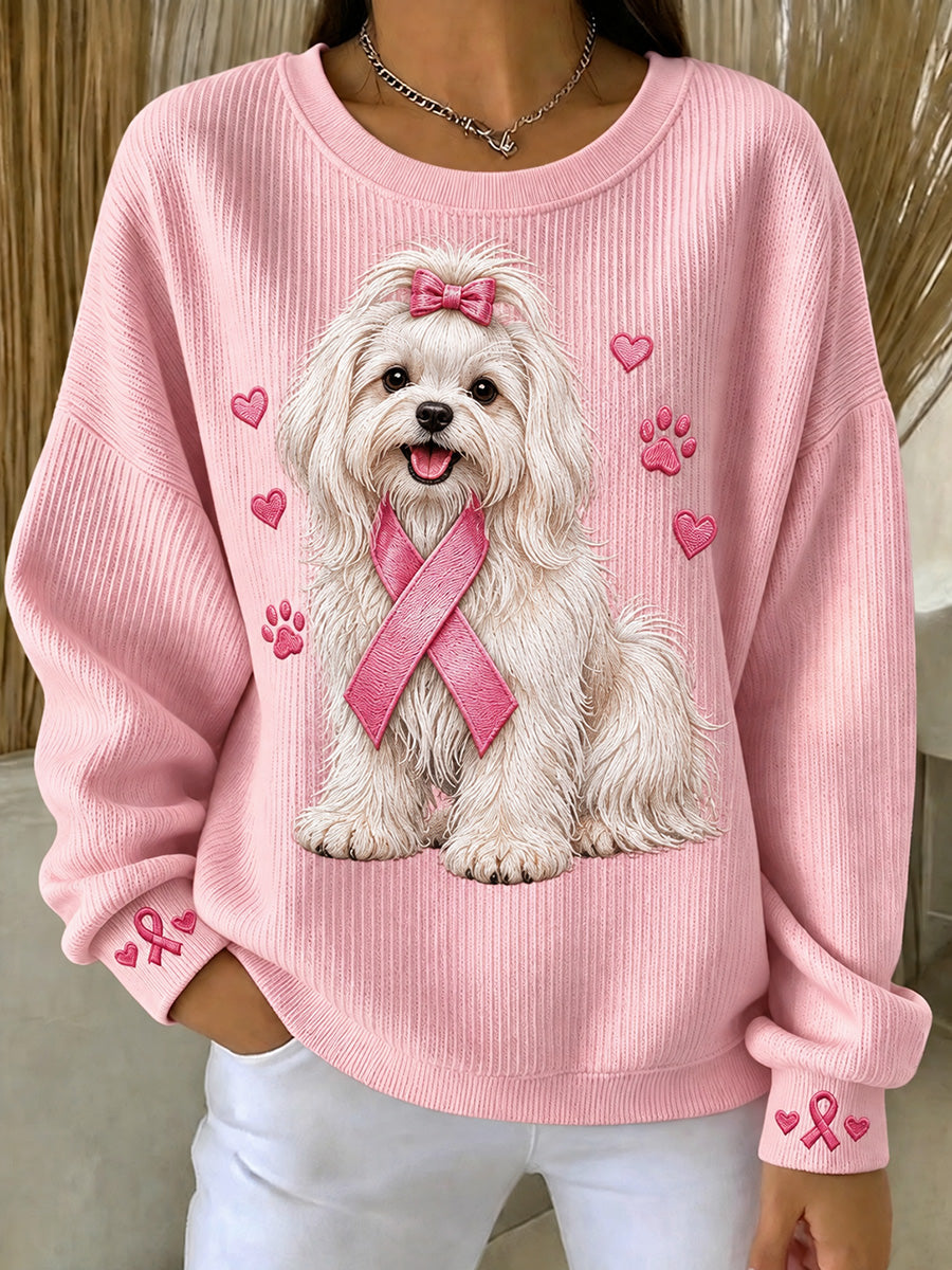 Sweat-shirt à col rond pour femme avec imprimé chien maltais et ruban rose