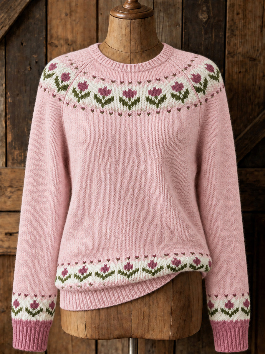 Pull confortable pour femme, style vintage, motif floral rose avec empiècement et imprimé Isle