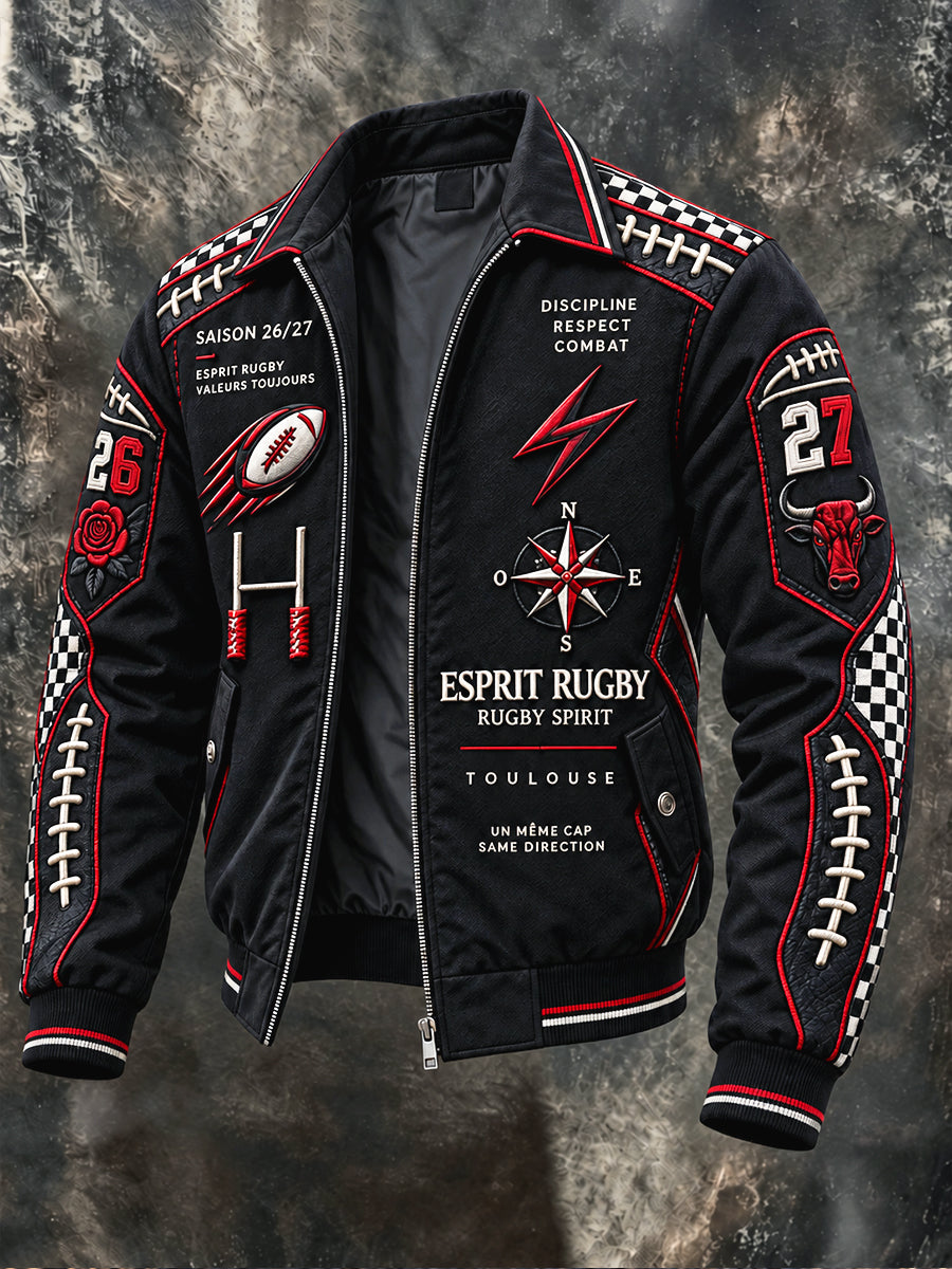 Veste zippée décontractée noire pour homme, imprimé patchwork du club de rugby français de Toulouse