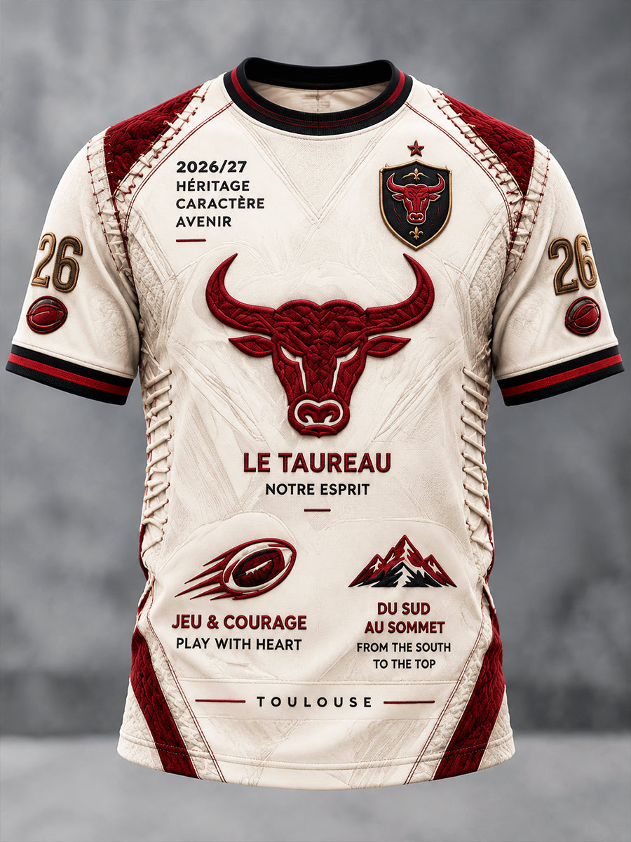 T-shirt décontracté beige pour homme, motif patchwork du Toulouse Rugby