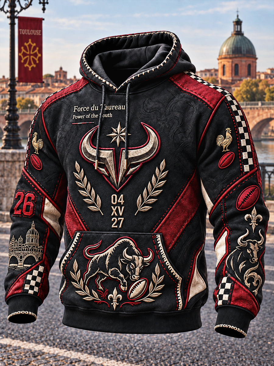 Sweat-shirt à capuche décontracté pour homme, noir, motif patchwork du rugby français Toulouse
